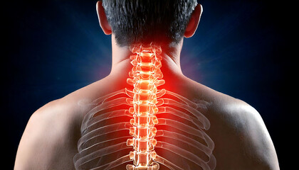 Striking rear view of a man's upper body, showcasing a glowing, translucent X-ray effect highlighting his spine and ribs.