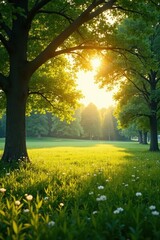 Golden sunlight bathes a verdant summer landscape, trees framing a meadow , beautiful, idyllic