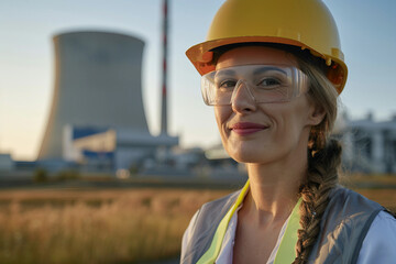 NPP worker woman against of a nuclear reactor turbine in industrial setting generative AI