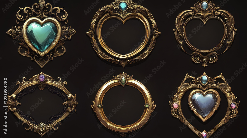 Aufkleber decorative metallic frame for game ui avatar or menu banner design. golden silver round and heart sh