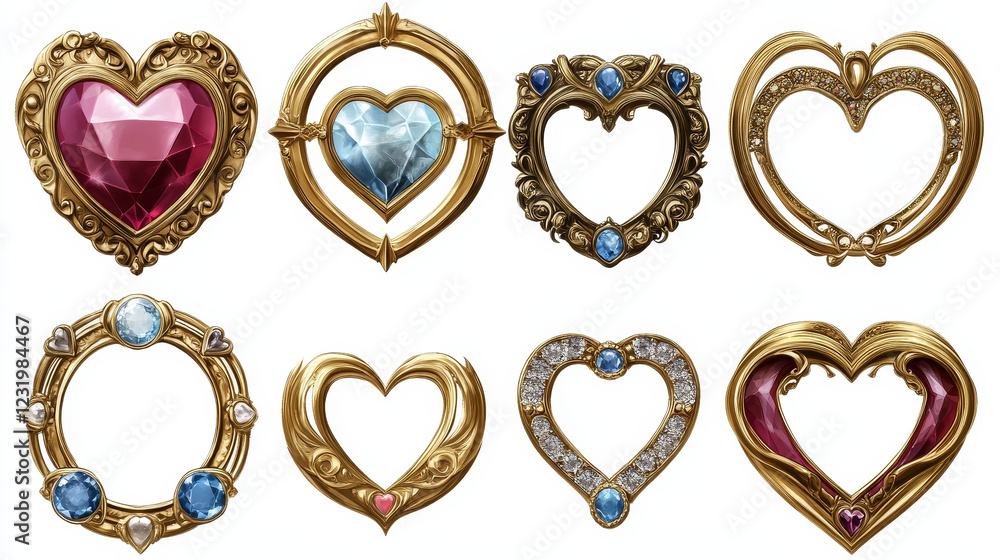 Aufkleber decorative metallic frame for game ui avatar or menu banner design. golden silver round and heart sh