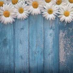 Obraz premium border of many white daisy flowers with yellow centres on blue wood background with copy space