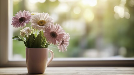 Celebrating International Women's Day with spring flowers and coffee, a peaceful morning at home