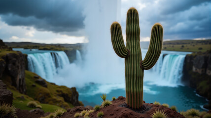 Solitary cactus illuminated by waterfall mirage during stormy afternoon, symbolism of resilience