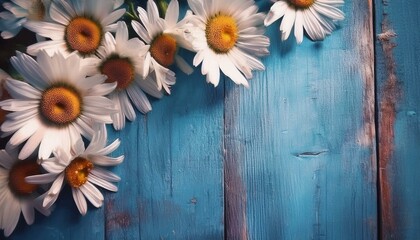 Obraz premium border of many white daisy flowers with yellow centres on blue wood background with copy space