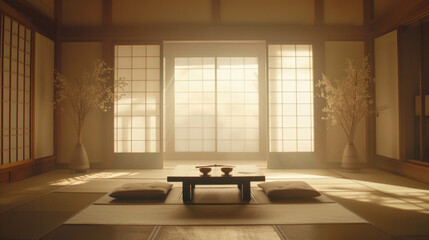 serene Japanese interior featuring low table, cushions, and shoji screens, illuminated by soft sunlight. tranquil atmosphere invites relaxation and mindfulness