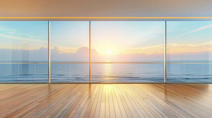 serene ocean view from modern interior with wooden flooring, showcasing beautiful sunset. large windows allow natural light to fill space, creating peaceful atmosphere