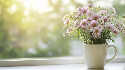 Celebrating International Women's Day with spring flowers and coffee, a peaceful morning at home