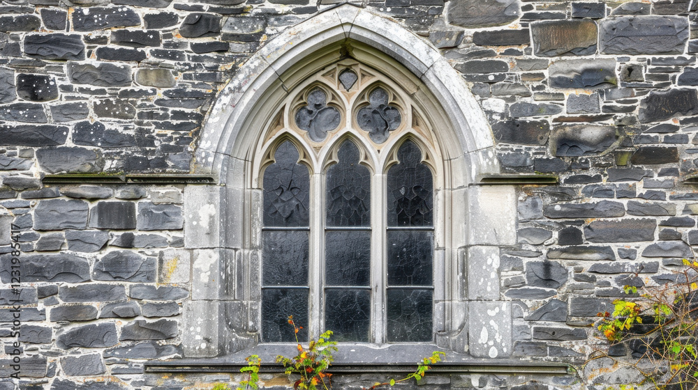 Poster gothic window design in stone wall, showcasing intricate details and historical architecture. aged s