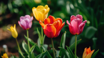 Fototapeta premium Vibrant tulips in various colors bloom in garden, showcasing nature beauty and diversity. scene evokes sense of joy and tranquility