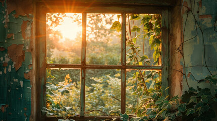 Sunlight streaming through rustic window, illuminating overgrown vines and serene garden view, evokes sense of tranquility and nostalgia