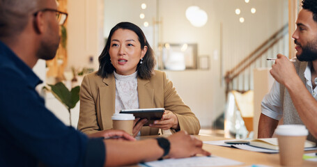 Woman, men and meeting with tablet for planning event, wedding or ceremony with budget, notes and app. People, discussion and leader with touchscreen for party, gala and project management at startup