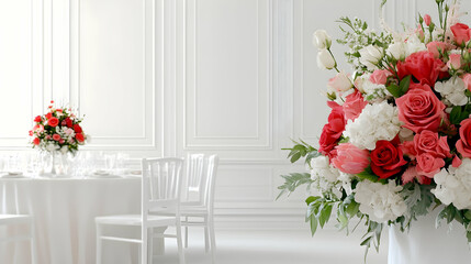 Elegant wedding reception floral centerpiece, white room, table setting, background