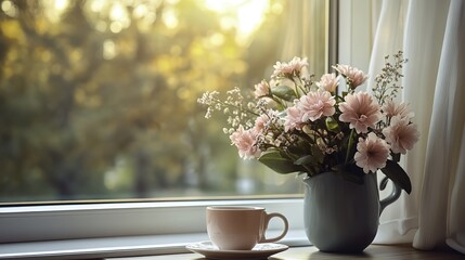 Celebrating International Women's Day with spring flowers and coffee, a peaceful morning at home