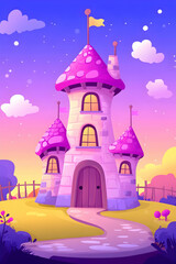Fototapeta premium Fairytale castle sunset landscape, whimsical design, path leading to door, children's book illustration