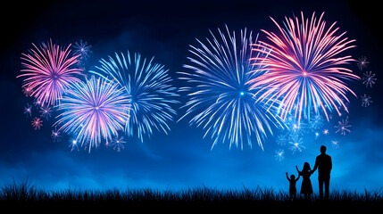 Family watching fireworks display at night, celebrating a special occasion (1)