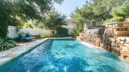 Backyard pool, waterfall feature, sunny day, lush landscaping, luxury real estate