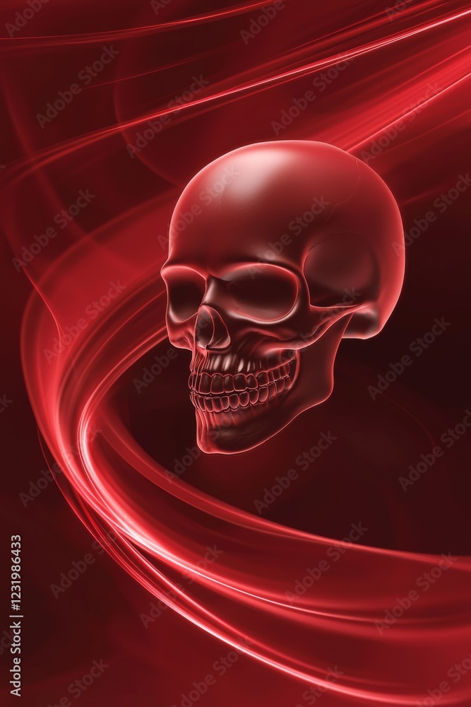 Poster skull design with vibrant red swirls creating a dramatic and striking visual effect