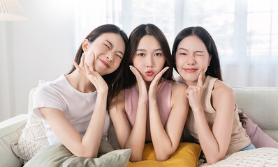 Closeup portrait of young beautiful asian group of friends girl in morning makeup routine. Beauty...