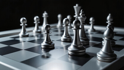 Polished silver chess pieces on reflective board, strategy and balance