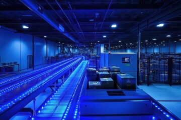 Fototapeta premium automated sorting facility with laser-guided vehicles, conveyor systems, and robotic arms processing packages, cool blue lighting and technical displays