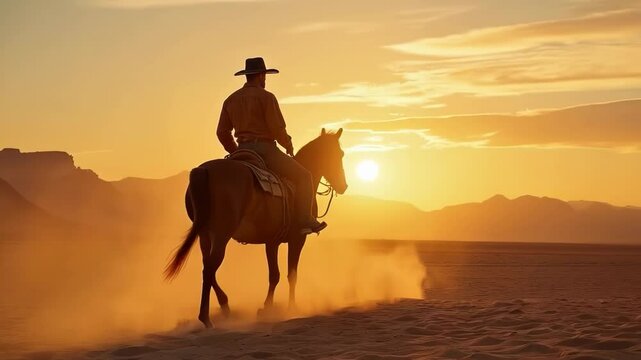 A lone rider on horseback moves steadily across a sandy desert, with a stunning sunset providing a golden backdrop