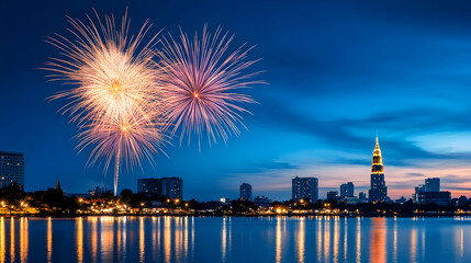 Fireworks display over city skyline at night, reflected in calm water.  Celebration event