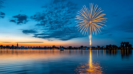 Fireworks display over calm lake at sunset, city skyline in background; ideal for celebration, holiday, or event promotion