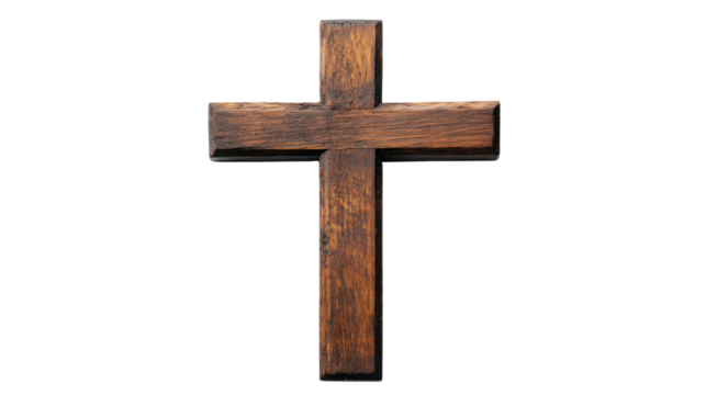 Wooden christian cross isolated on transparent background representing faith and spirituality