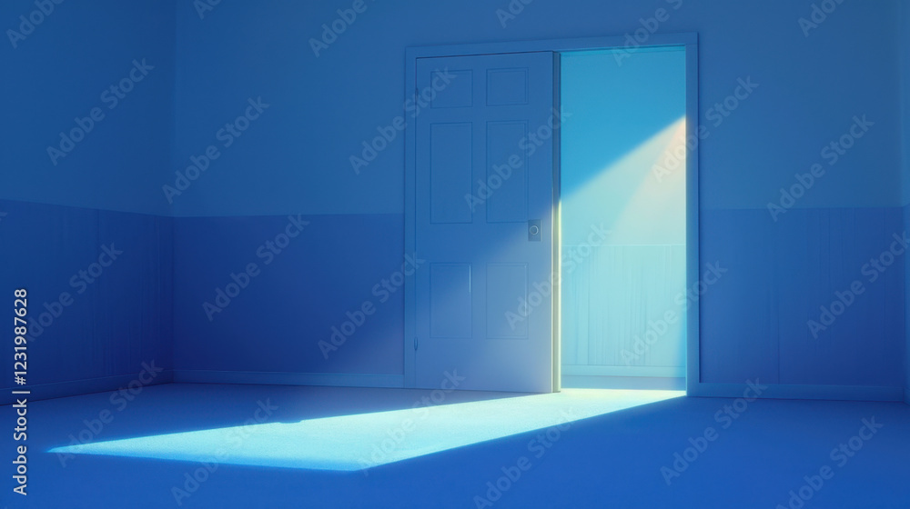 Poster serene room with partially open door, casting soft blue light across floor, creating calm and inviti