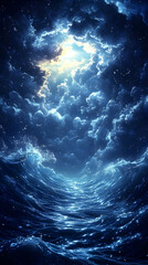 Dark Blue Night Sky with Bright Moon and Starry Clouds over Wavy Ocean