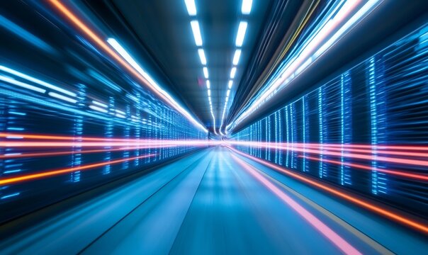 Data center speed, light trails, digital tunnel, server room, technology