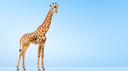 Obraz premium Giraffe standing against blue background, safari wildlife, nature conservation
