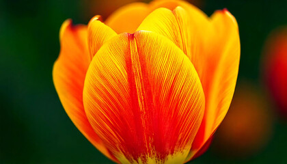 Fototapeta premium Vibrant close-up of a single orange and red tulip, showcasing intricate petal textures. Perfect for spring themes, floral designs, or nature-inspired projects.