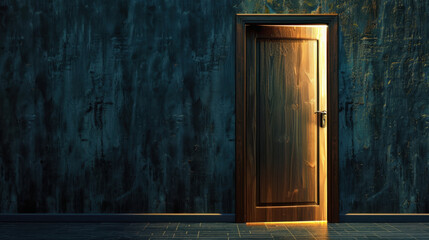 wooden door slightly ajar, illuminated by warm light, against textured dark wall, creating mysterious atmosphere