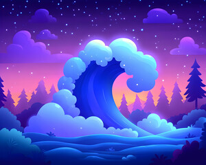Glowing wave crashing on shore at twilight, purple sky, pine trees, background for fantasy, game design