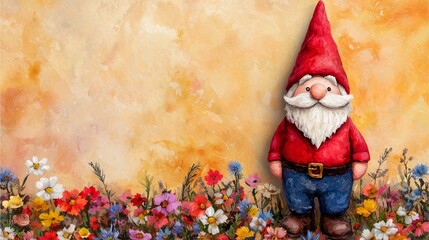 Naklejka premium A whimsical garden gnome stands amidst colorful flowers against a warm, textured background, evoking a cheerful, enchanting atmosphere.