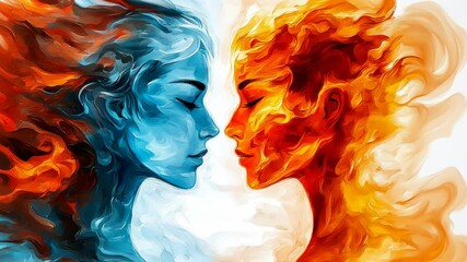 Two elemental figures representing fire and ice in a vibrant and dynamic artistic composition