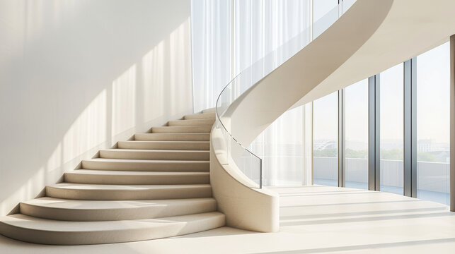 Modern spiral staircase in bright interior with large windows and natural light