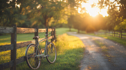 Fototapeta premium Bicycle Leans By Wooden Fence On Rural Path At Sunset