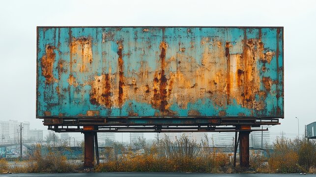 A weathered and rusty billboard stands alone in an abandoned area, showcasing a blend of urban decay and nature's slow reclamation of space.