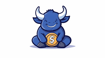 Happy blue bull holding dollar coin, cartoon style, white background, financial prosperity illustration