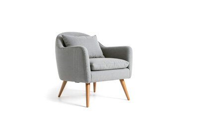 A modern gray armchair with wooden legs, perfect for minimalist and elegant interior decor concepts isolated on white background. Generative AI