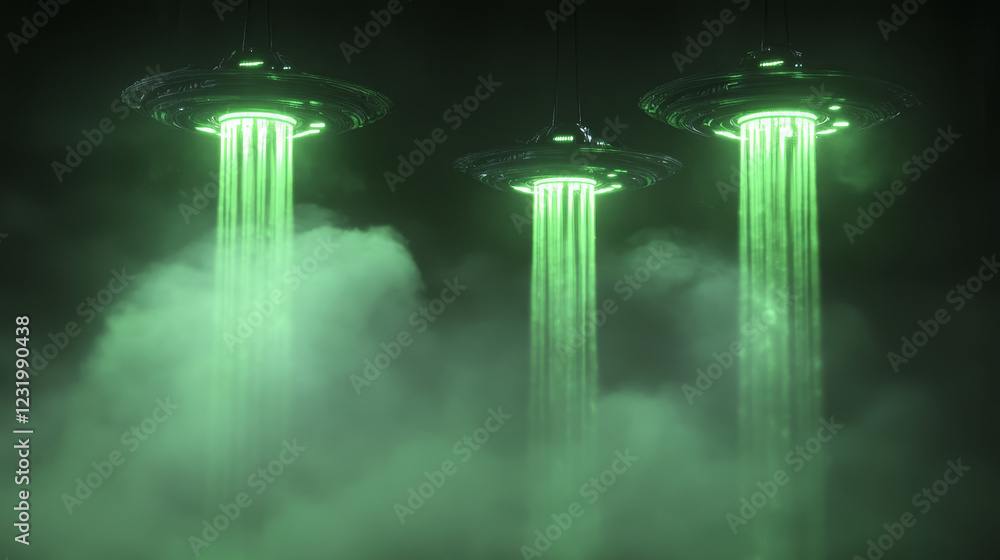 Poster a set of alien spaceships with glowing green rays of different shapes. alien light with smoke and pa