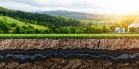 Geothermal Energy Concept. Layered landscape showing grassy ground with soil beneath, featuring a backdrop of hills and a bright skyline.