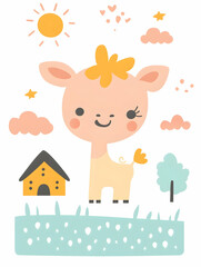 Happy cartoon llama in sunny meadow near house; children's book illustration