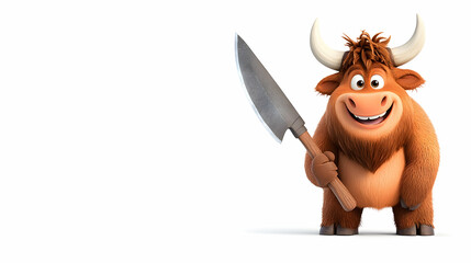 Happy cartoon yak chef holding knife, white background, food preparation, recipe illustration