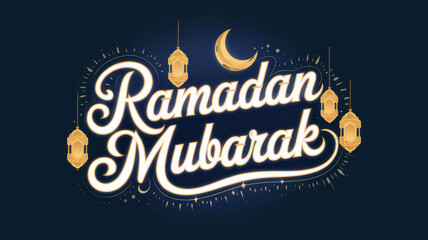 Ramadan Mubarak greeting with crescent moon and lanterns in a festive design celebrating the holy month