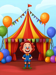 Happy clown at circus tent entrance, balloons, sunny day; kids' book illustration