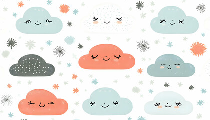 Obraz premium Happy clouds pattern, kids room decor, winter background, textile design